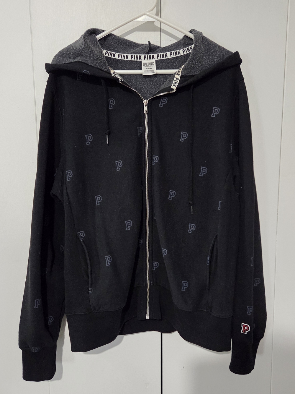 Victoria's Secret PINK Full Zip Hoodie Womens Large M Black Monogram P Print